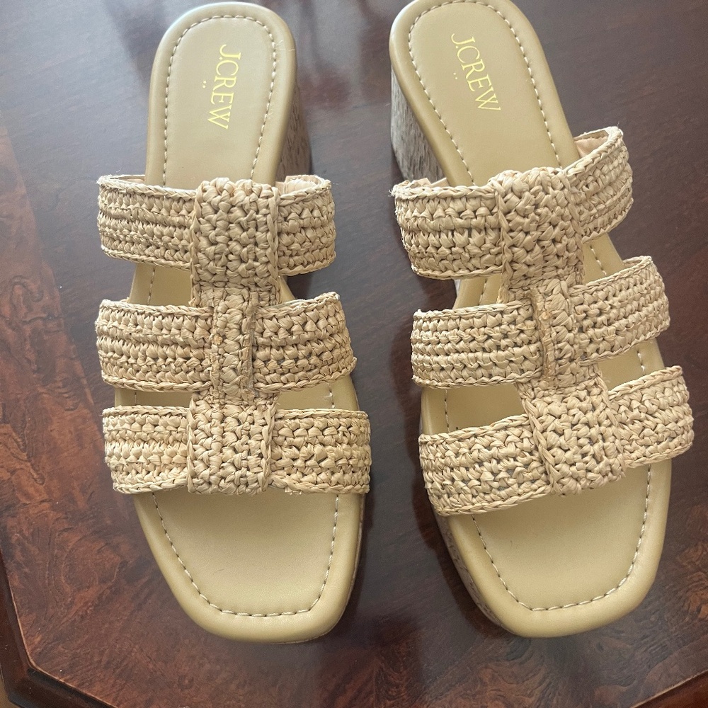 J.CREW Beige Woven Raffia Wedge Sandals